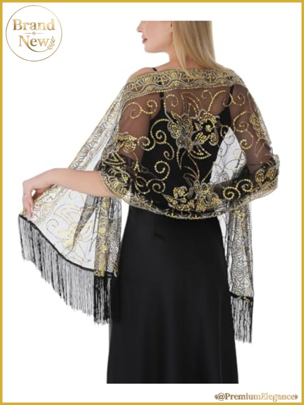 Sheer Chiffon Shawl Wrap with Sequin Fringe for Evening Dresses